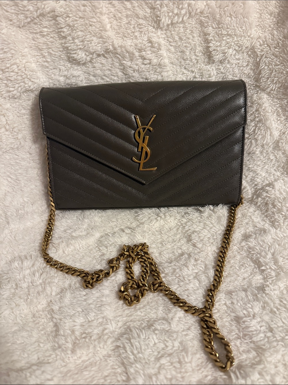 Saint Laurent Dark Gray/Olive Quilted Envelope Chain Bag with Gold YSL